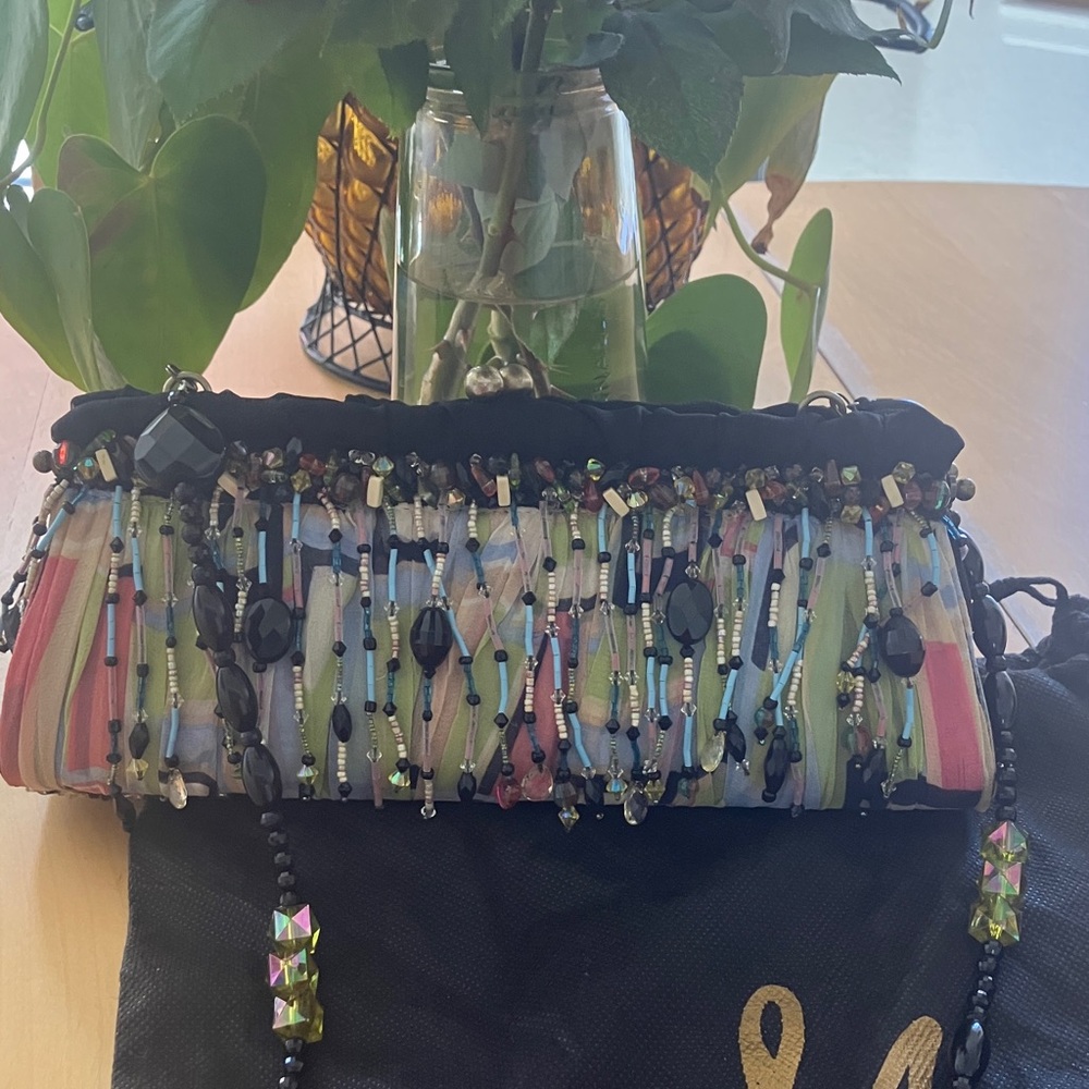 Mary Frances Vintage Green,Blue, Pink, Cream, & Black Beaded Fringe Purse/Clutch